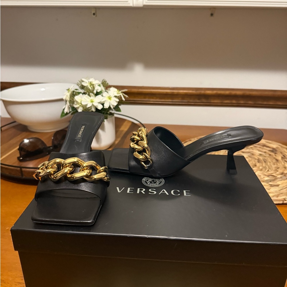 Versace Black Mules with Gold Chain Accent - Picture 5 of 5